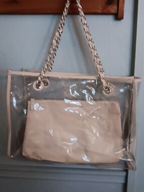 Elizabeth Arden Clear Bag with Chain Straps Cream Trim & Cream Zipper Inner Bag